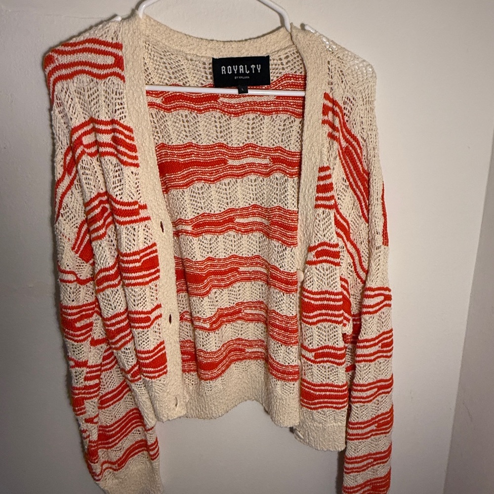 Royalty For Me Open Knit Cardigan in Red and Cream